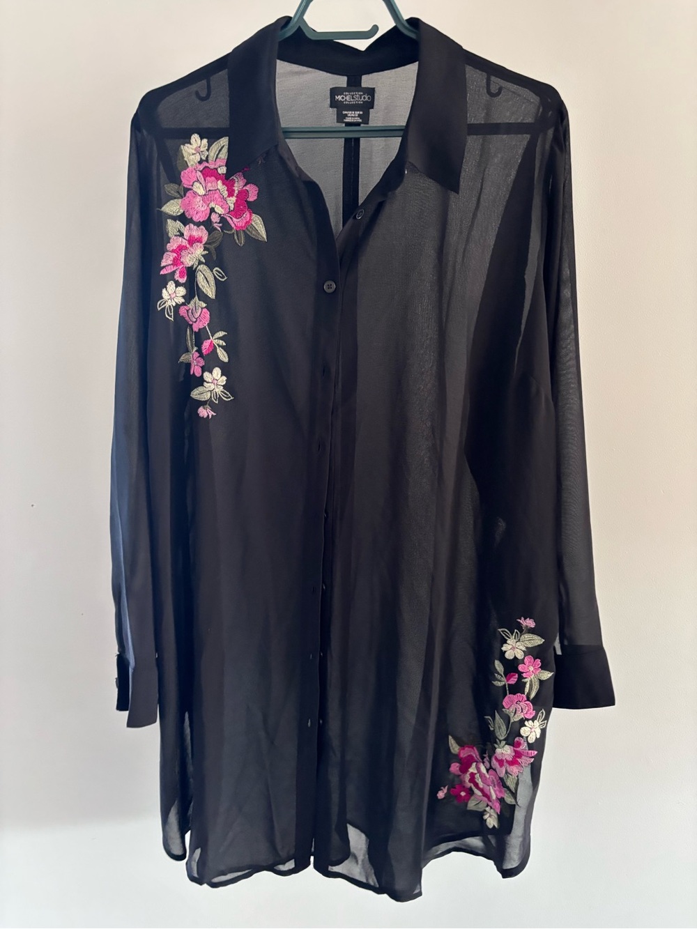Sheer Black Embroidered Floral Long Shirt